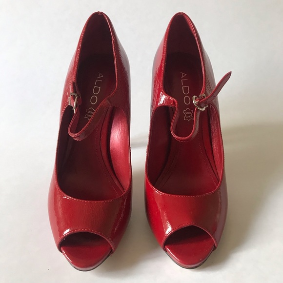 ALDO Red Leather Peep Toe Heels - Picture 2 of 6